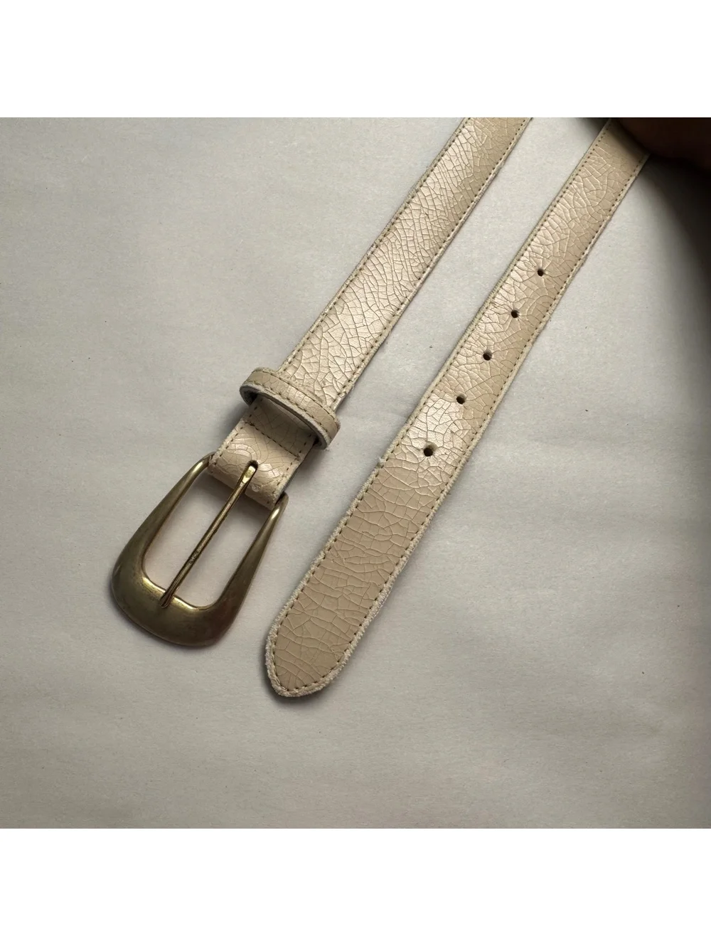90s Cream Crackle Leather Belt Brass Buckle Size 10 Off White
